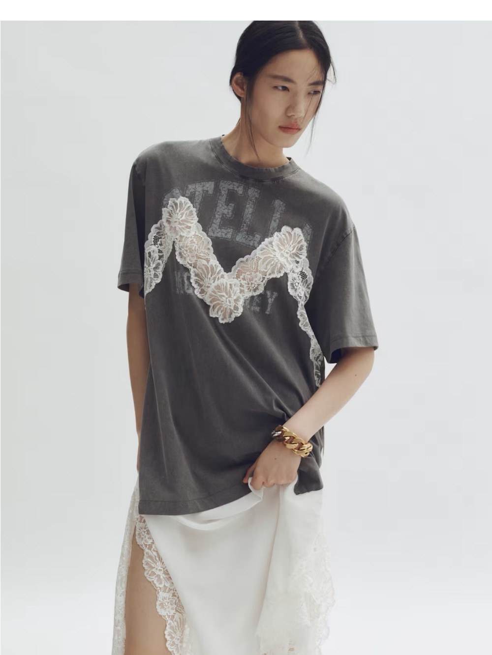 Stella McCartney Charcoal Gray Tee with White Lace Appliqué